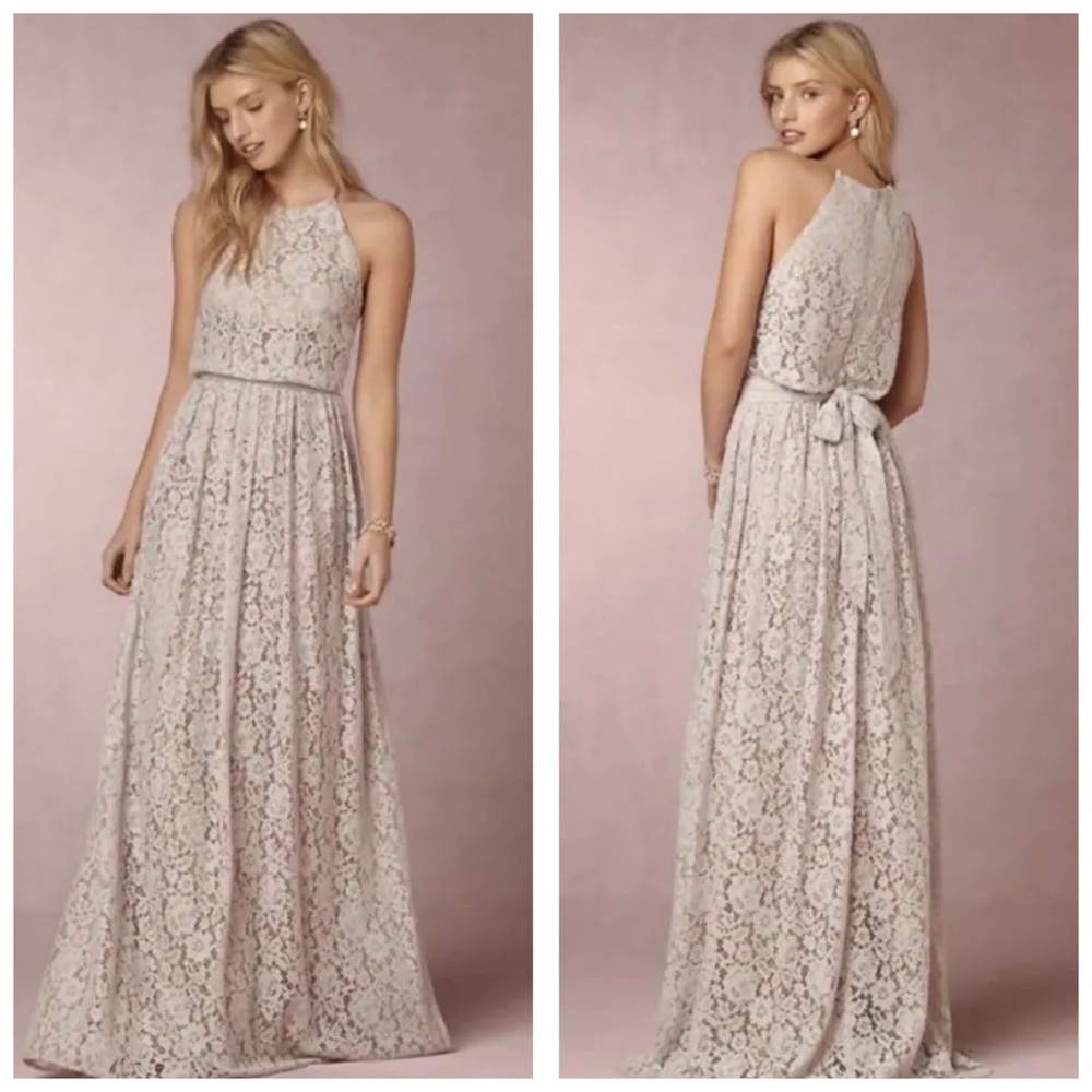 Anthropologie- Donna Morgan Blue Gray Lace Maxi Dress